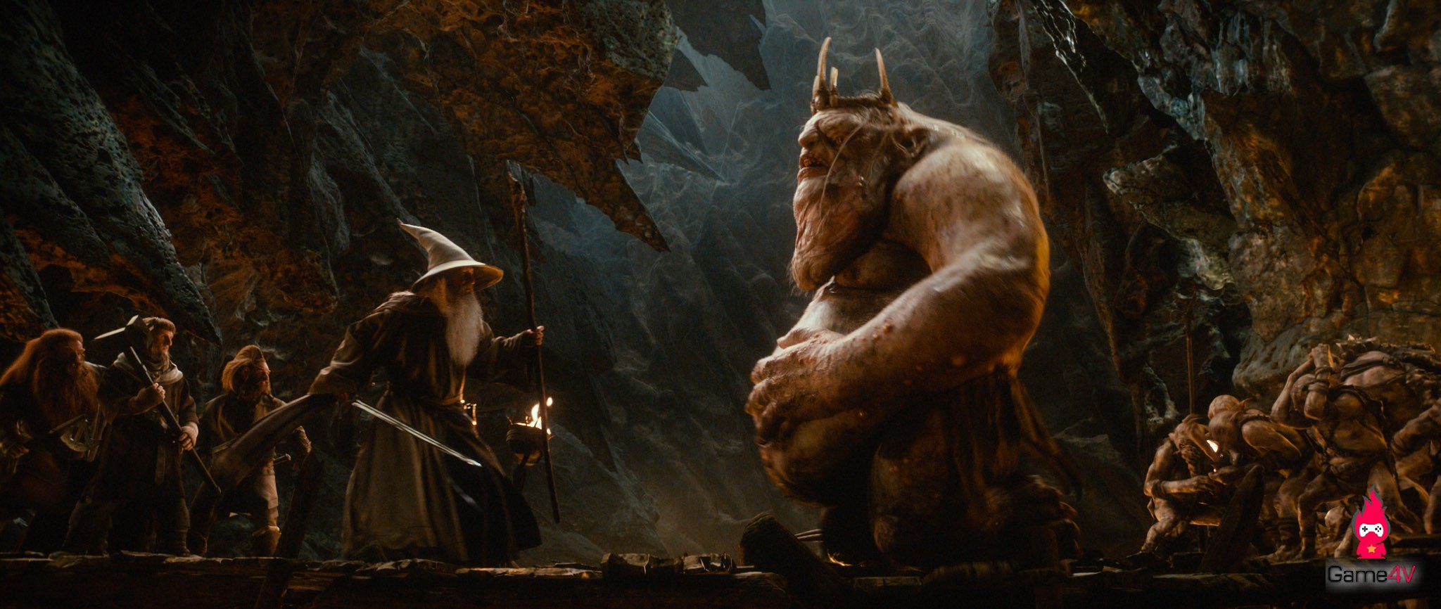 (L-r) PETER HAMBLETON as Gloin, Adam Brown as Ori, Jed Brophy as Nori, IAN McKELLEN (center) as Gandalf and the Great Goblin, performed by BARRY HUMPHRIES in the fantasy adventure “THE HOBBIT: AN UNEXPECTED JOURNEY,” a production of New Line Cinema and Metro-Goldwyn-Mayer Pictures (MGM), released by Warner Bros. Pictures and MGM.