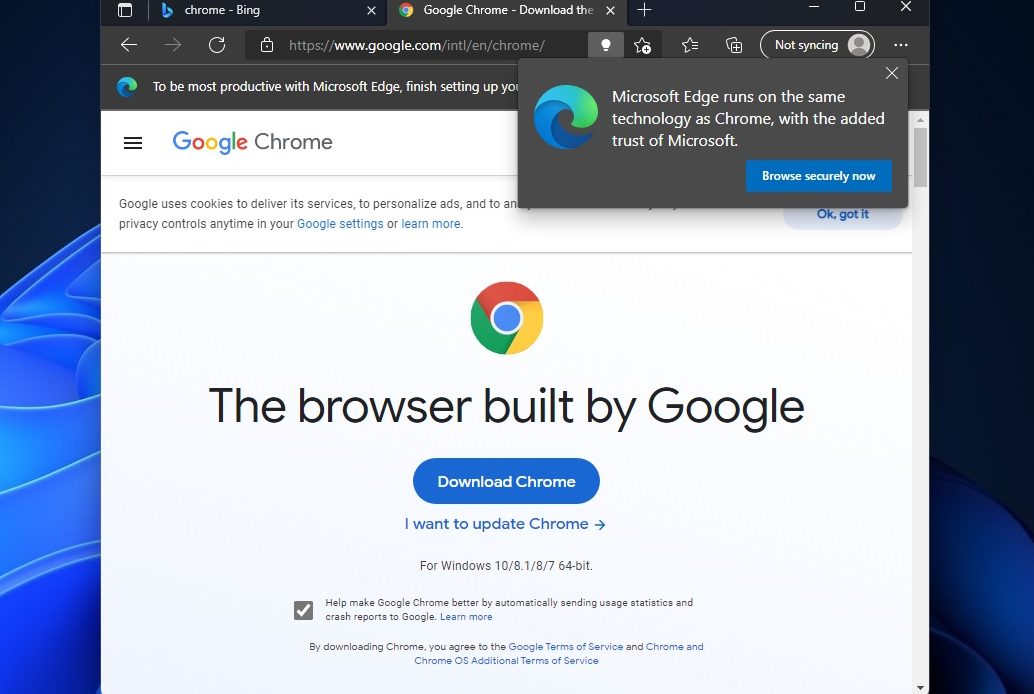 Microsoft Edge gửi thông điệp cảnh báo những ai có ý định tải Google Chrome