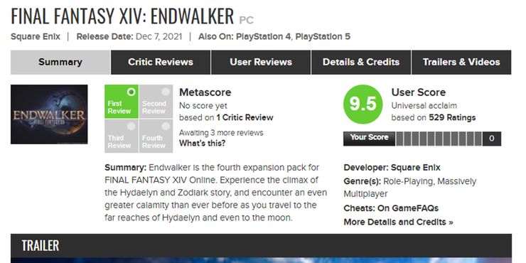 Final Fantasy 14 Endwalker là trò chơi được game thủ đánh giá cao nhất năm 2021 trên Metacritic