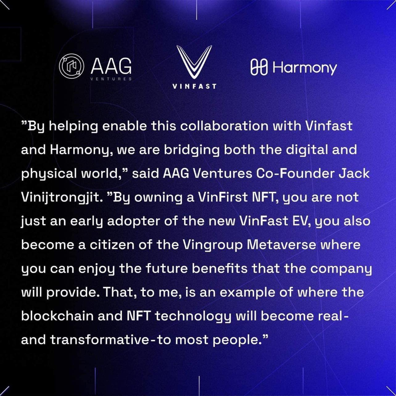 Thông báo hợp tác giữa VinFast, AAG và Harmony