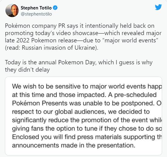 Pokemon Presents ra mắt bất ngờ không công bố trước bởi do xung đột Ukraine