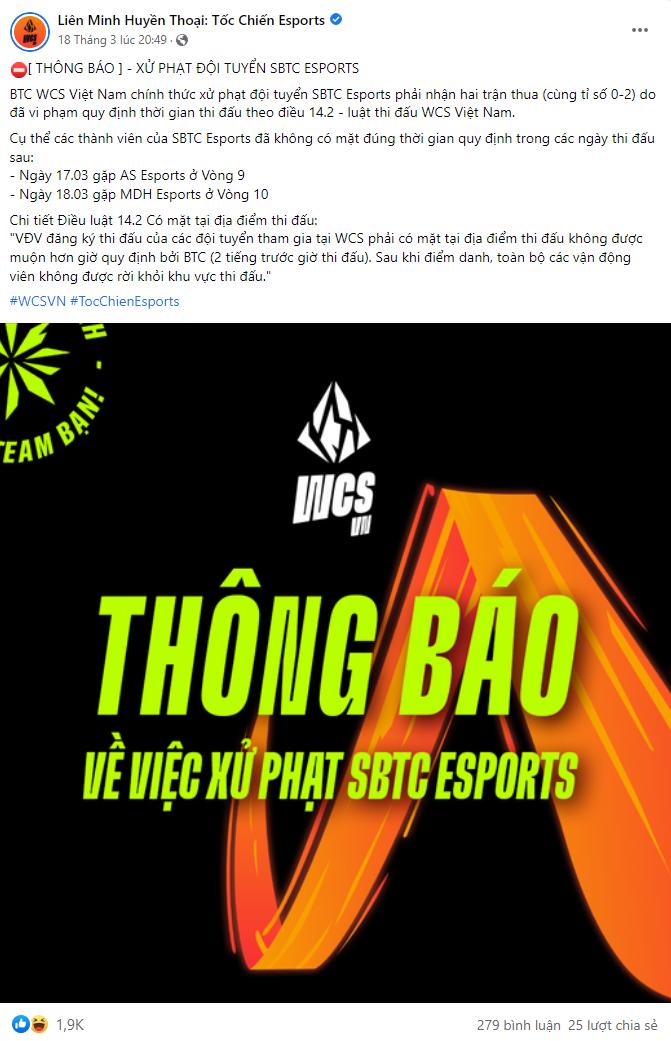 SE bị BTC WCS Việt Nam ra thông báo xử phạt vì vắng mặt liên tiếp 2 ngày thi đấu 17/03 và 18/03