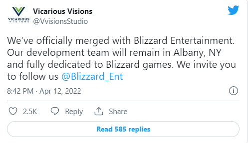 Studio Vicarious Visions sẽ không còn sau khi sát nhập với Blizzard