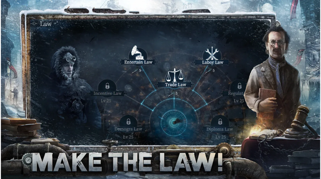 Frostpunk Rise of the City cho phép người chơi có thể ban hành luật pháp với người dân trong thành phố của mình