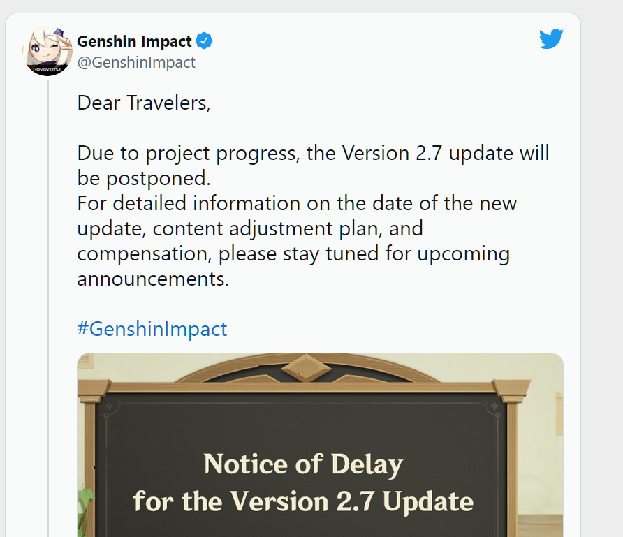 Genshin Impact 2.7 bị hoãn ra mắt.