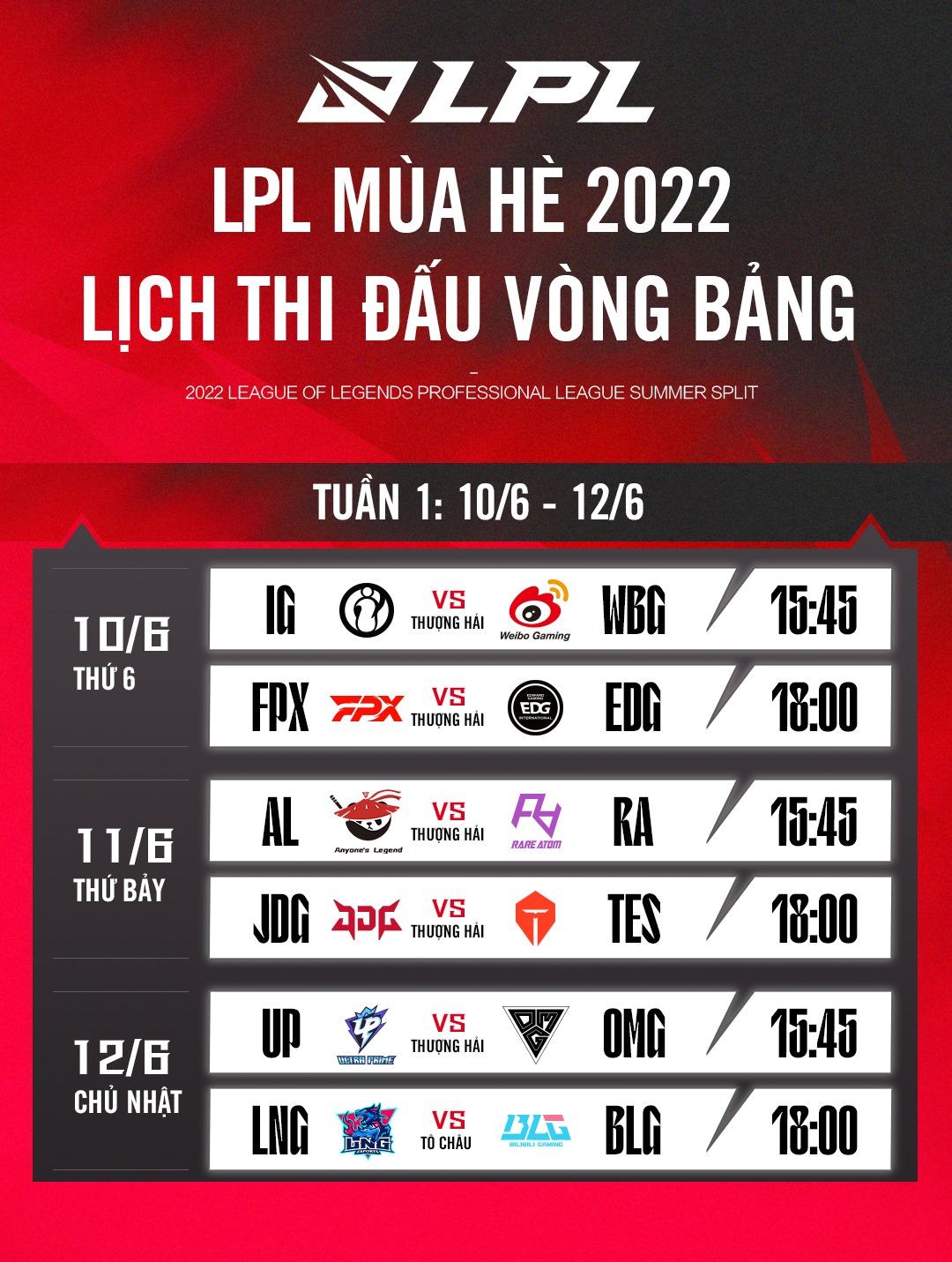 BTC công bố lịch thi đấu LPL Mùa Hè 2022: Trận khai mạc IG vs WBG sẽ khởi tranh vào ngày 10/6