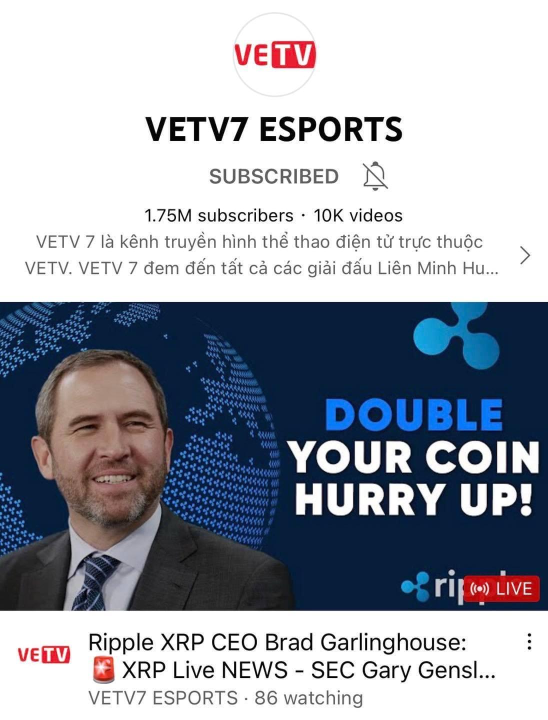 Kênh VETV7 Esports bất ngờ bị chiếm dụng để phát sóng livestream quảng cáo tiền ảo