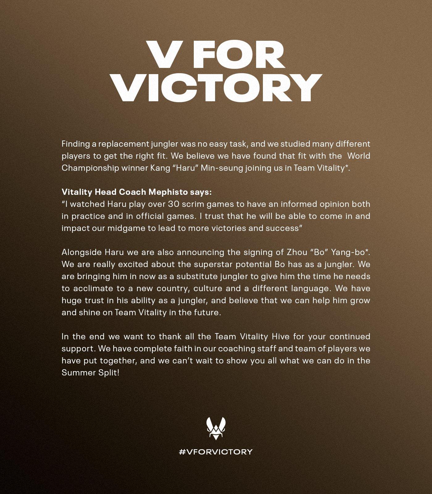 Team Vitality đã chính thức thông báo Bo sẽ gia nhập đội cùng Haru và anh sẽ là dự bị cho Haru ở vị trí Đi Rừng