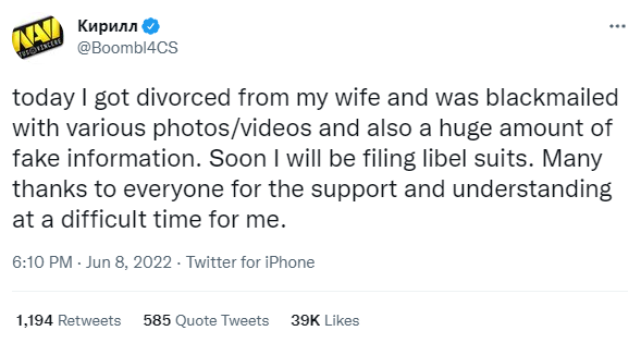 Boombl4 tuyên bố đã ly hôn và cho biết bị vợ cũ tống tiền cũng như vu khống anh dùng chất kích thích