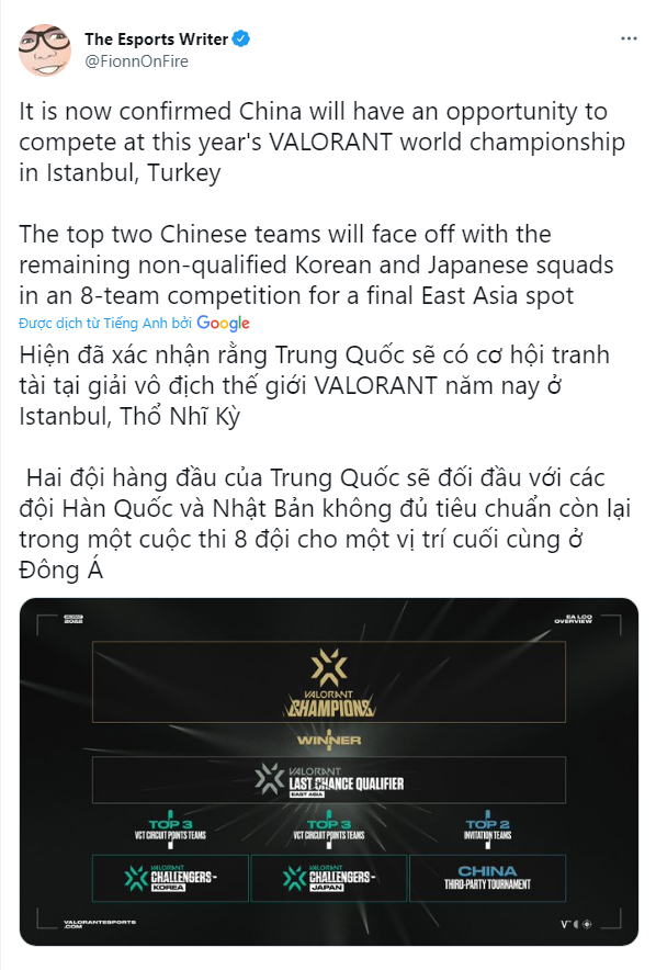 Các tuyển thủ Trung Quốc sẽ có cơ hội tham gia tranh tài tại Valorant Champions