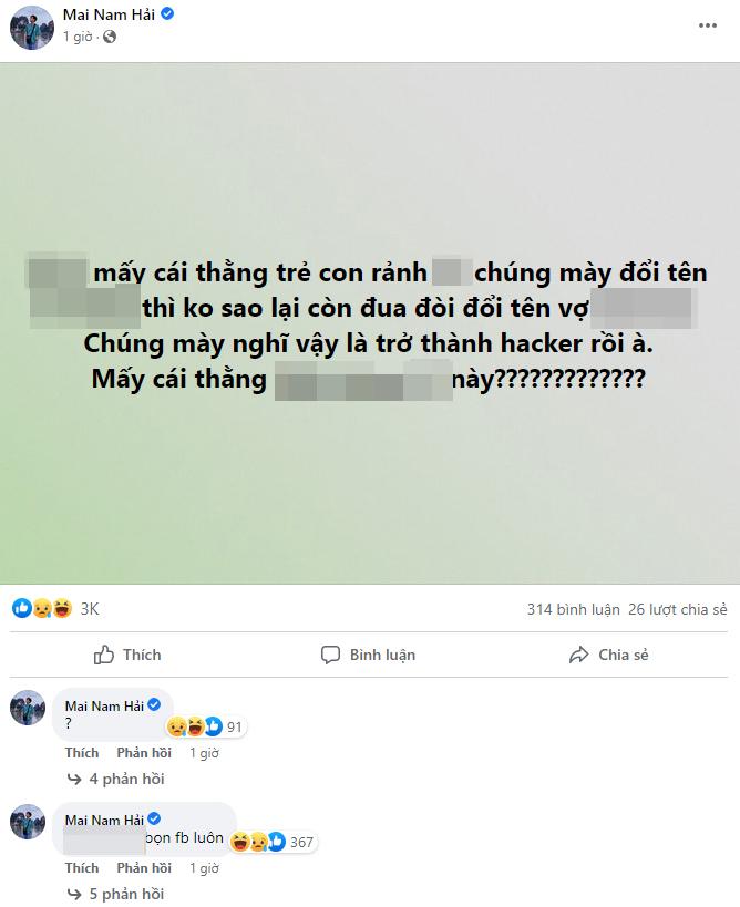Bomman đăng status chửi bới các 'hacker' đổi tên cả mình và Minh Nghi.
