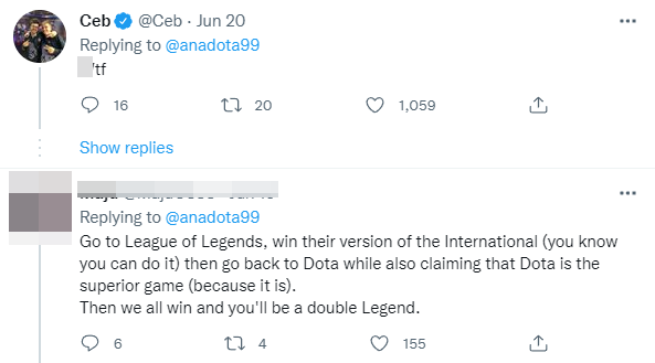 Đồng đội cũ của Ana là Ceb tỏ ra khá ngạc nhiên trong khi 1 fan đề nghị anh này chuyển sang LMHT, vô địch CKTG rồi tuyên bố DOTA 2 "xịn" hơn