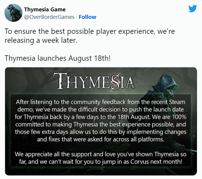 Thymesia bị trì hoãn ngày phát hành
