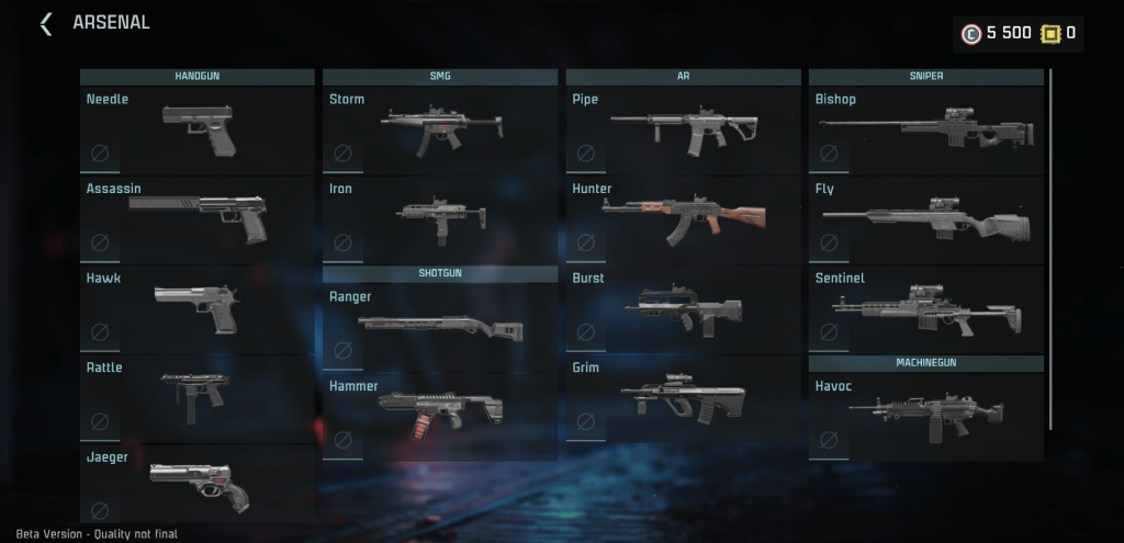 Các loại súng hiện có trong trò chơi.