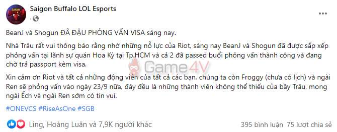 SGB thông báo tình hình Visa trên fanpage.