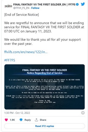 Square Enix sẽ chuẩn bị ngừng duy trì máy chủ của Final Fantasy 7 First Soldier sau vài tháng nữa