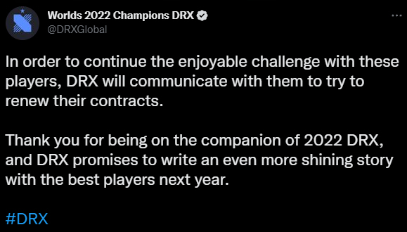Bình luận của DRX cho biết đội tuyển đang cố gắng gia hạn hợp đồng với các cựu thành viên.