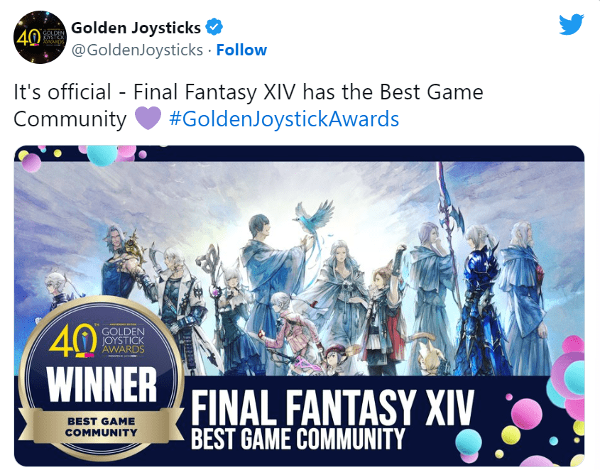 Final Fantasy 14 tiếp tục giành chiến thắng hạng mục ‘Cộng đồng trò chơi tuyệt vời nhất’ tại Golden Joystick Award 2022