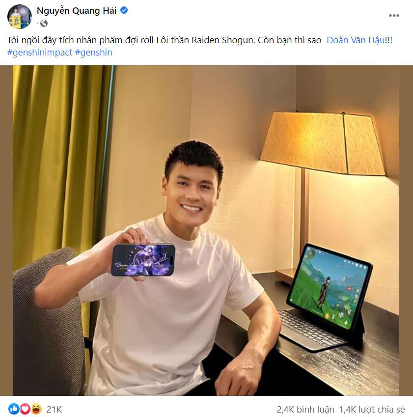 Cầu thủ Nguyễn Quang Hải chia sẻ hình ảnh anh đang chơi Genshin Impact.