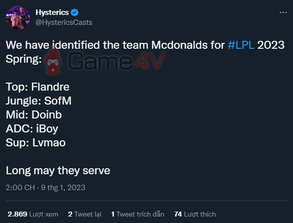 SofM được nhắc tên trong đội hình "Mcdonalds" tại LPL Mùa Xuân 2023.