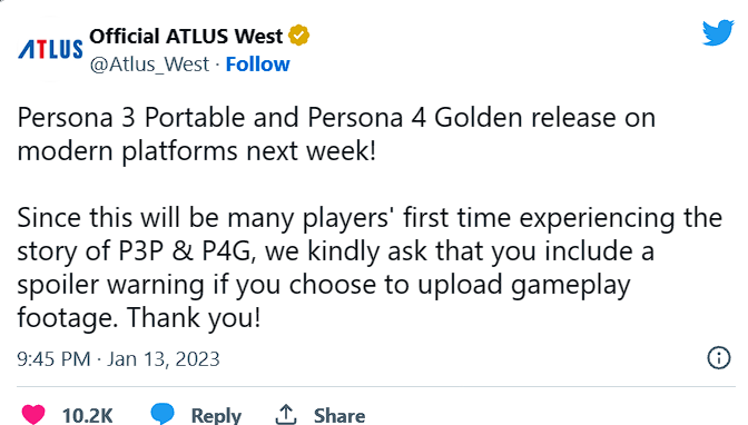 Atlus sẽ nới lỏng các nguyên tắc nghiêm ngặt đối với việc stream Persona 3 Portable và Persona 4 Golden Remasters