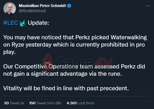 Riot Games thông báo VIT bị phạt vì Perkz lựa chọn Ryze Thủy Thượng Phiêu.