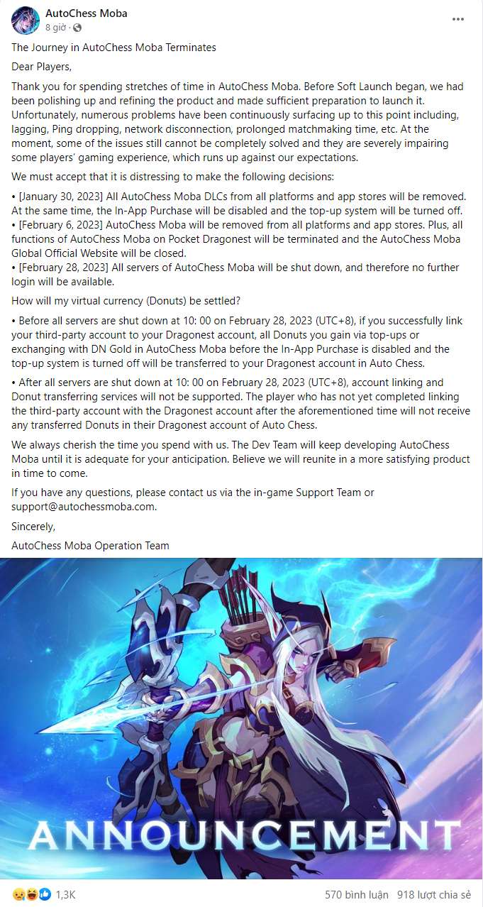 Thông báo chính thức từ fanpage Facebook của AutoChess Moba.