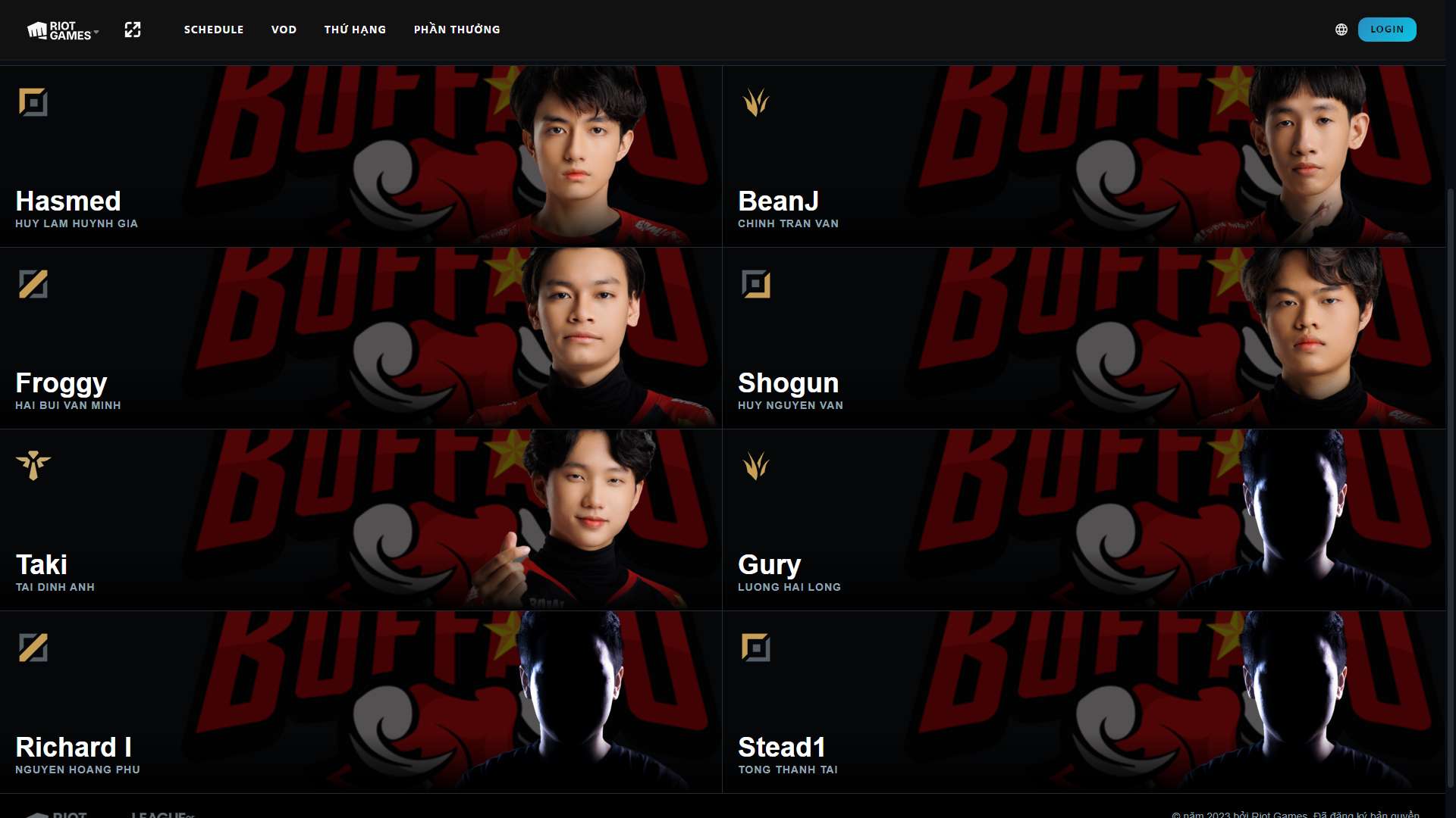 Đội hình của SGB trên website chính chủ của Riot Games.