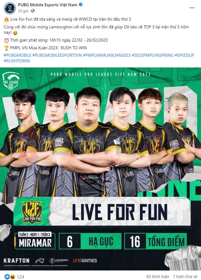 Live For Fun được fanpage PUBG Mobile Esports Việt Nam khen ngợi vì giành WWCD.