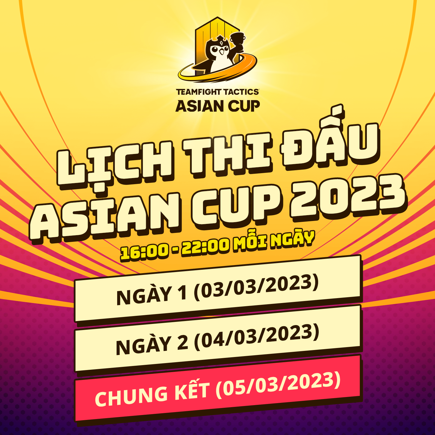 Giải đấu Asian Cup 2023 sẽ diễn ra từ 16h00 đến 22h00 trong các ngày 3-4-5/3/2023.