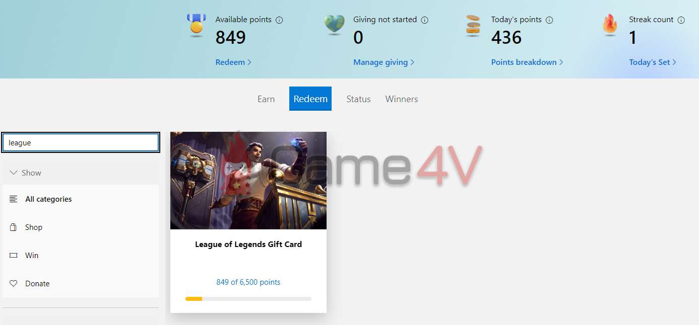 Phần quà miễn phí “League of Legends Gift Card” trong mục Redeem của Microsoft Rewards.