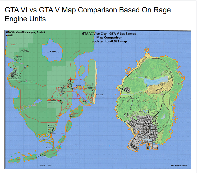 Phát hiện hình ảnh cho thấy kích cỡ bản đồ GTA 6 khi so sánh với GTA 5?