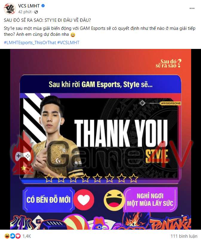 The post of VCS League of Legends fanpage about Sty1e.