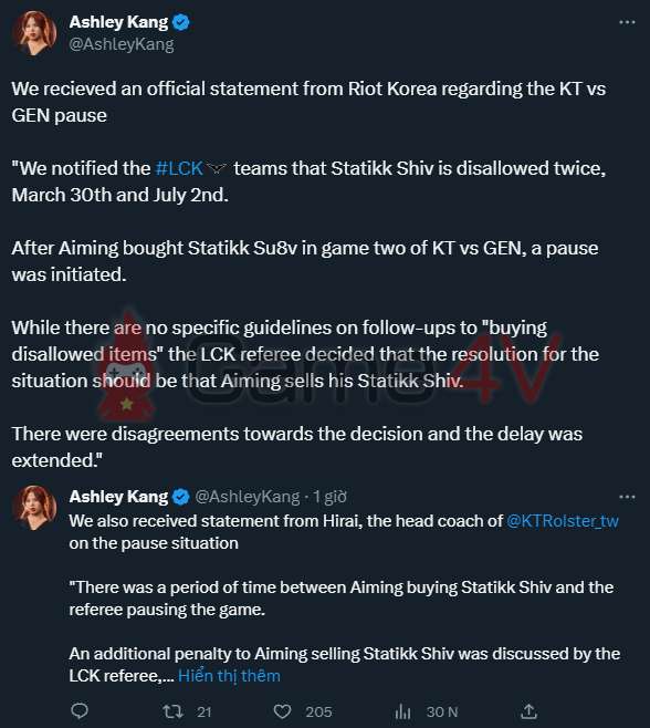 Thông báo của Riot Games được nữ phóng viên Ashley Kang chia sẻ với cộng đồng LMHT.