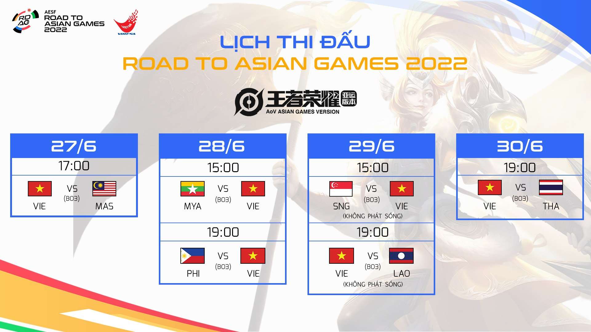 Lịch thi đấu của ĐTQG Arena Of Valor (Asian Games Version) Việt Nam tại RDAG 2022.