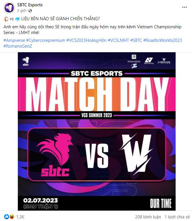 Trước khi ban tổ chức VCS đưa ra thông báo, SBTC Esports vẫn thông báo sẽ thi đấu cùng "bầy cá voi" trong ngày hôm nay (02/07).