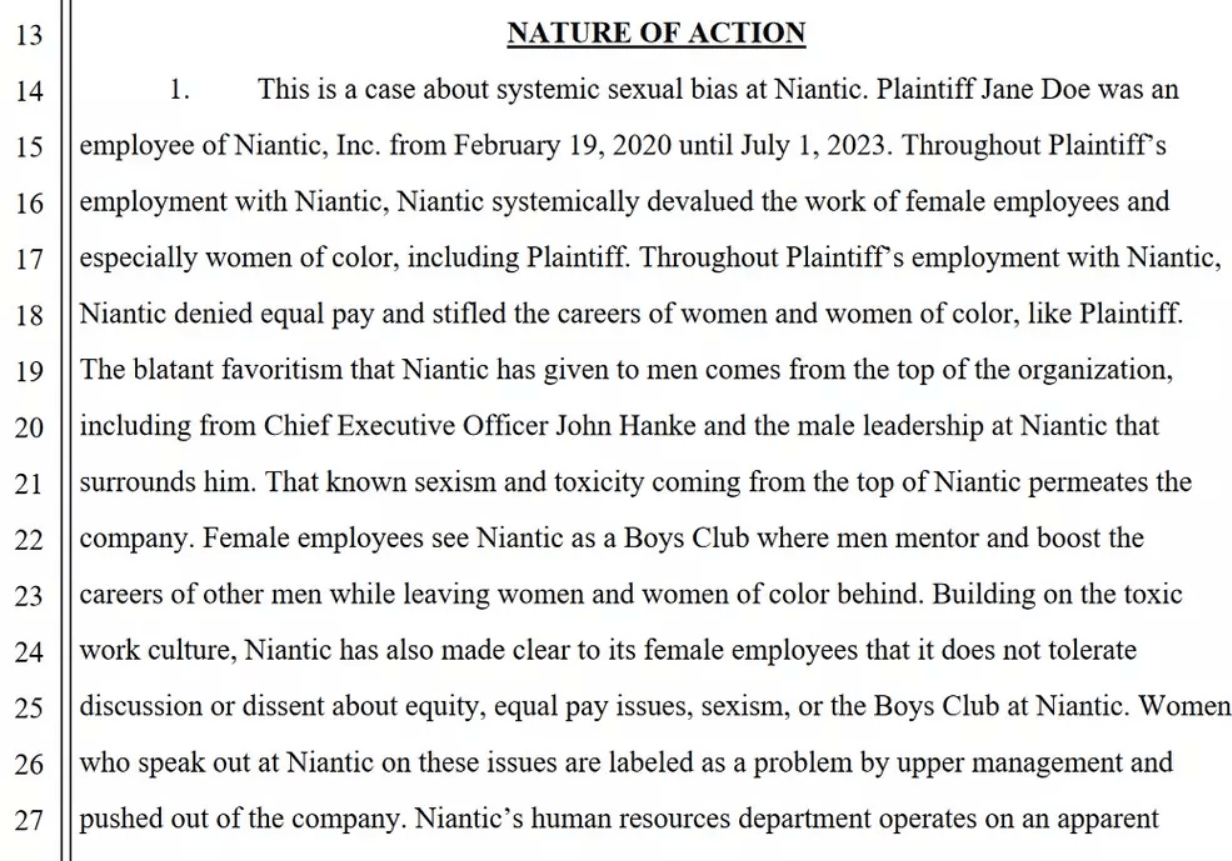 Theo đơn kiện chống lại Niantic, công ty bị cáo buộc có hành vi phân biệt giới tính và trả lương phân biệt đối xử với nhân viên nữ và phụ nữ da màu. 