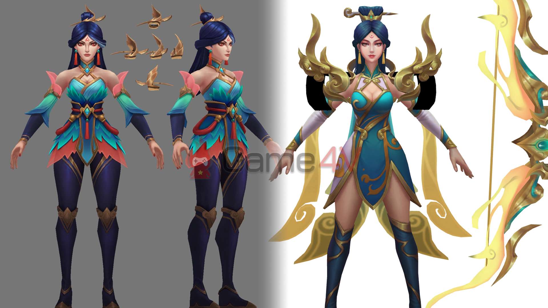 Fan cho rằng 2 trang phục Kayle Tiên Hiệp (bên trái) và Ashe Tân Niên (bên phải) được Riot Games sử dụng cùng 1 model trong game.