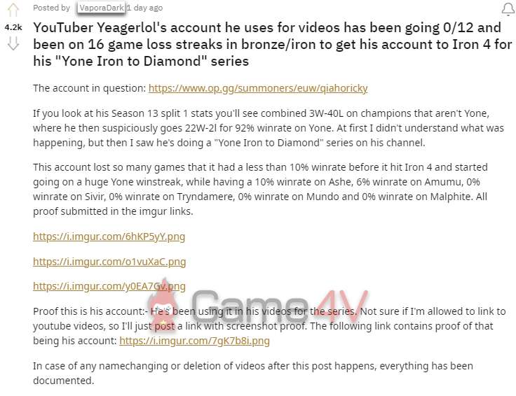 VaporaDark lên tiếng tố Yeager sử dụng tài khoản từng phá game 