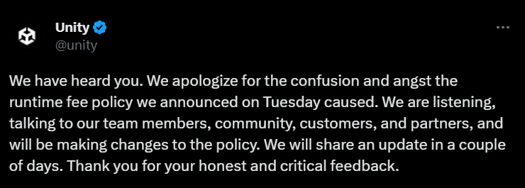Unity xin lỗi, hứa thay đổi chính sách tính phí cài đặt game