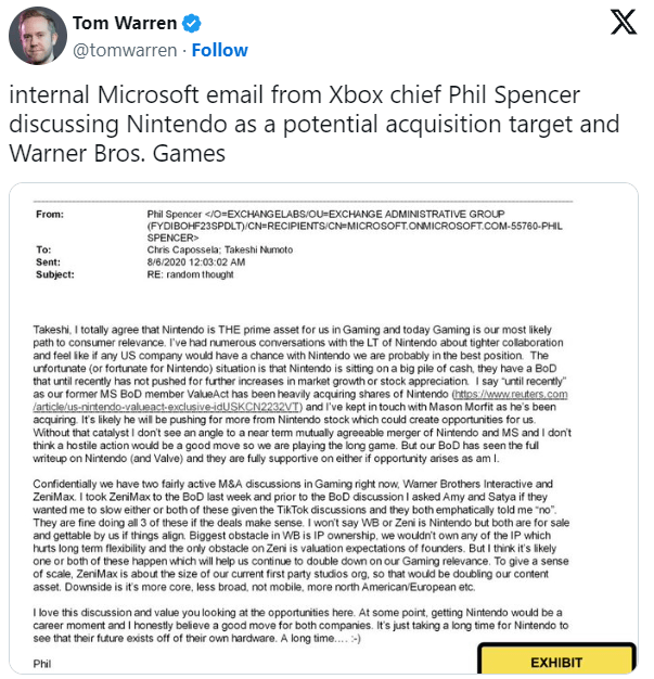 Microsoft muốn mua lại Nintendo, Warner Bros chứ không chỉ riêng Zenimax