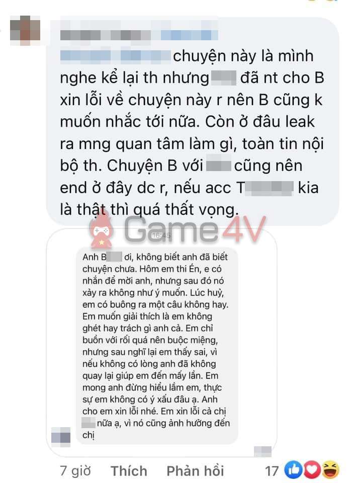 MC N đã xin lỗi tuyển thủ B***, thông tin do bạn gái của tuyển thủ này tiết lộ.