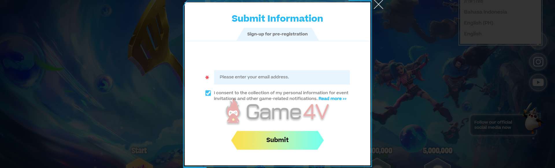 Người chơi đăng ký sớm chỉ cần điền địa chỉ email và nhấn Submit.