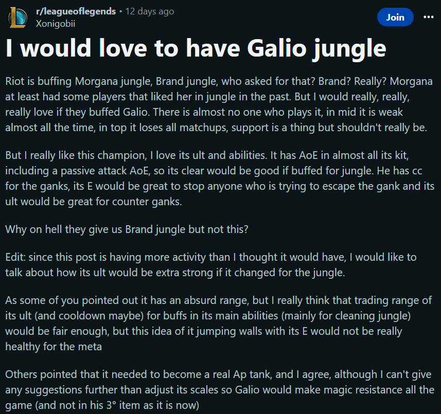 LMHT: Người chơi đề xuất làm lại Galio để đi Rừng