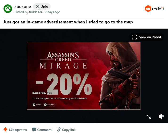 Ubisoft làm game thủ tức giận vì chơi Assassin’s Creed Odyssey cũng gặp phải quảng cáo trong game