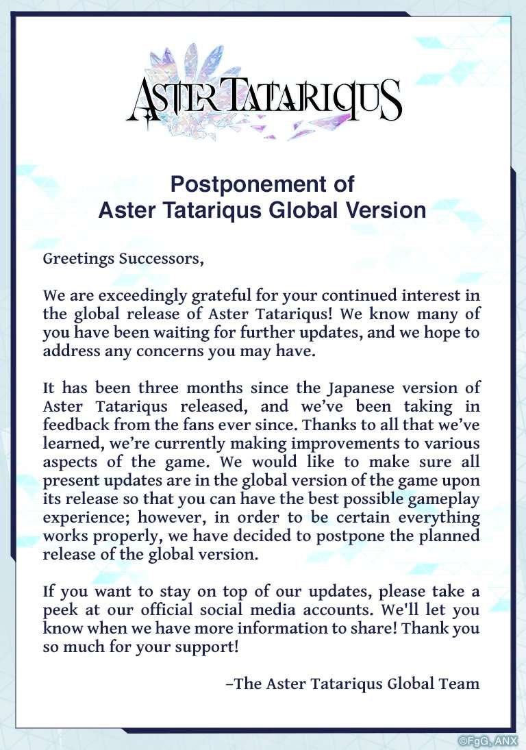 Ban điều hành Aster Tatariqus thông báo hoãn ra mắt bản toàn cầu. Ảnh: X.