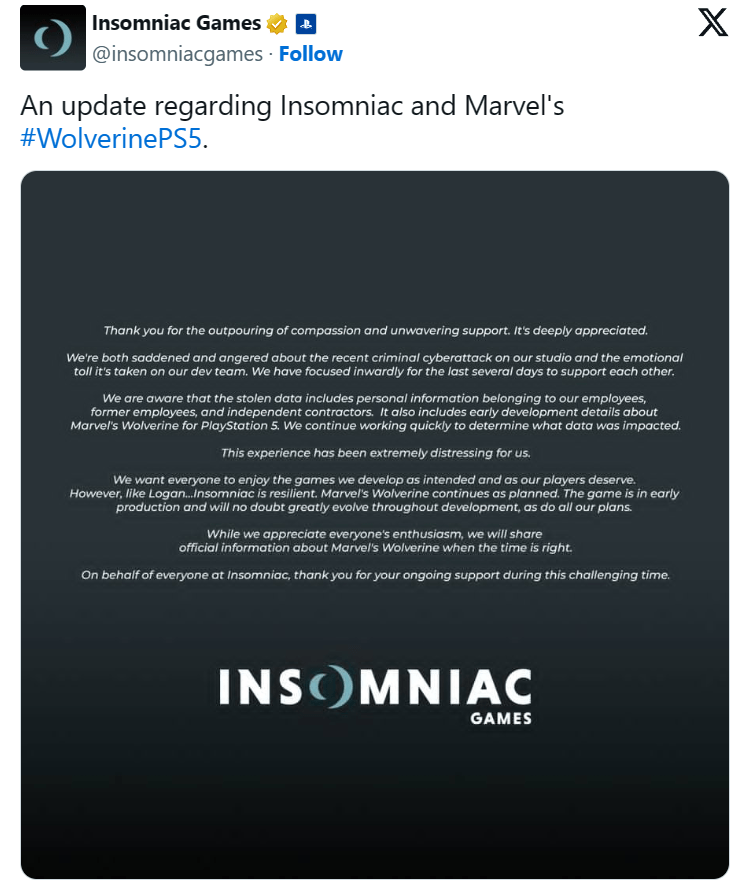 Insomniac Games nói gì về vụ tấn công mạng quy mô của mình?