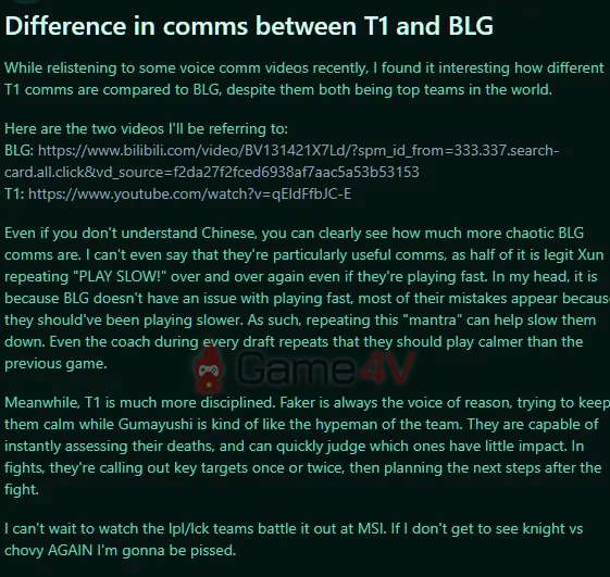 Bài viết so sánh việc giao tiếp giữa T1 và BLG.